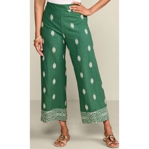 Soft Surroundings Green Linen Blend Embroidered Pull On Crop Wide Leg Pants M